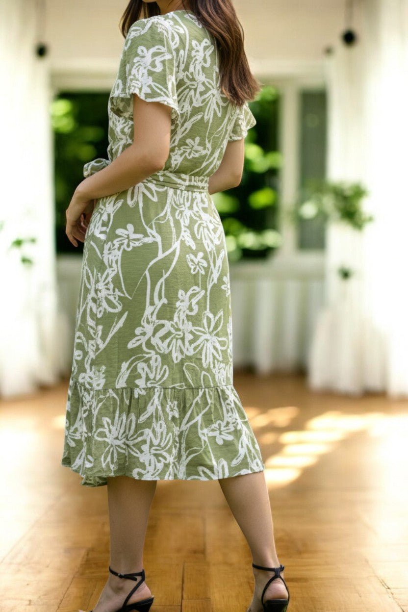 Ladies Floral Ruffel Wrap Dress - Sage Floral - StylePhase SA