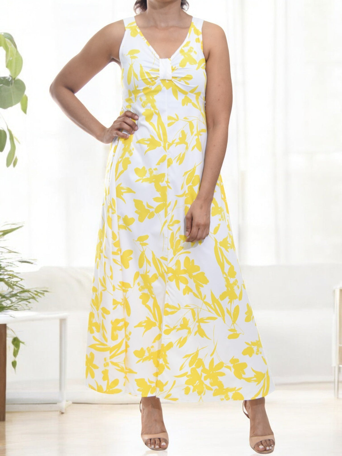 Ladies Front Slit Dress - Yellow Floral - StylePhase SA