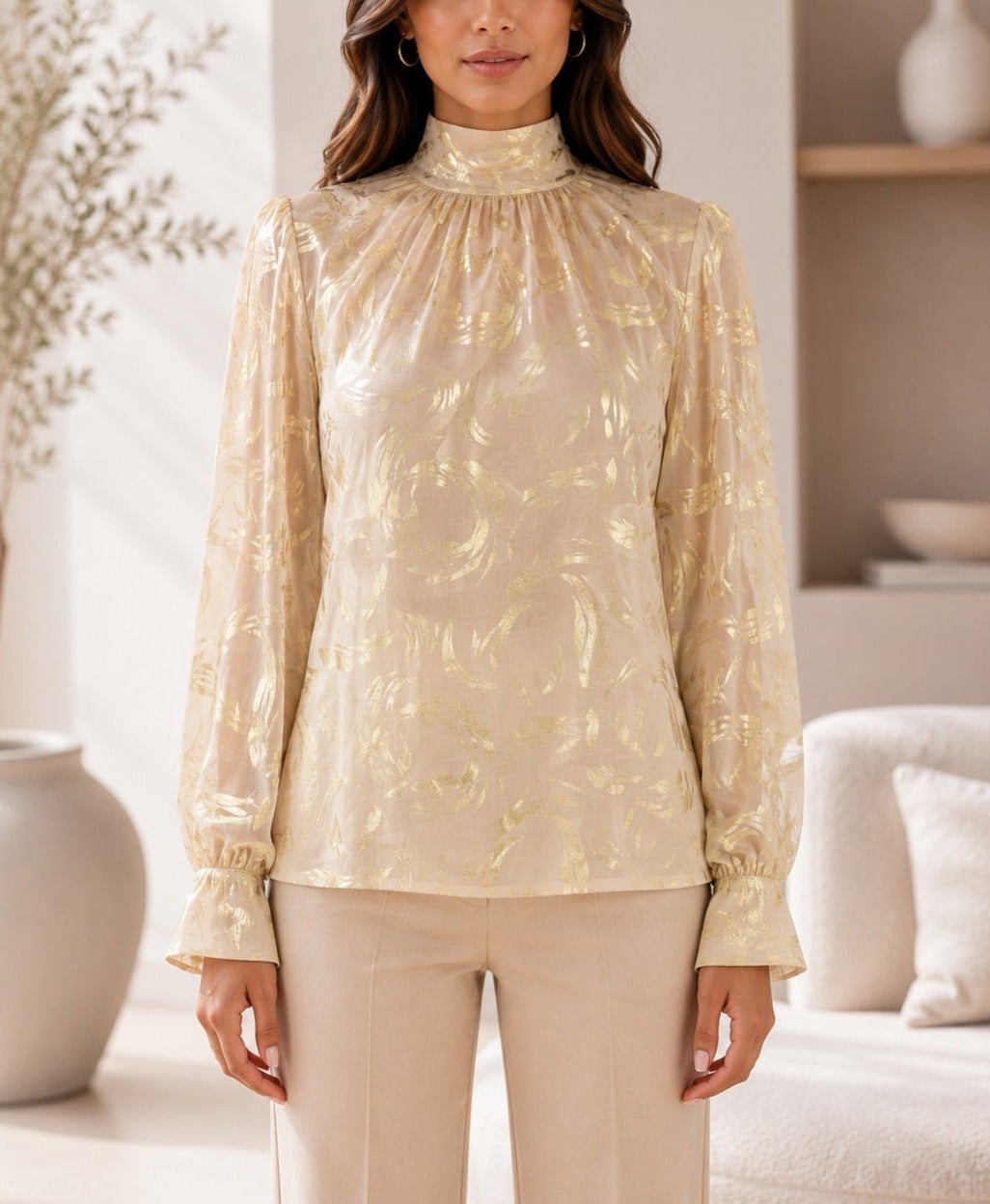 Ladies Gold High Neck Printed Long Sleeve Blouse - StylePhase SA