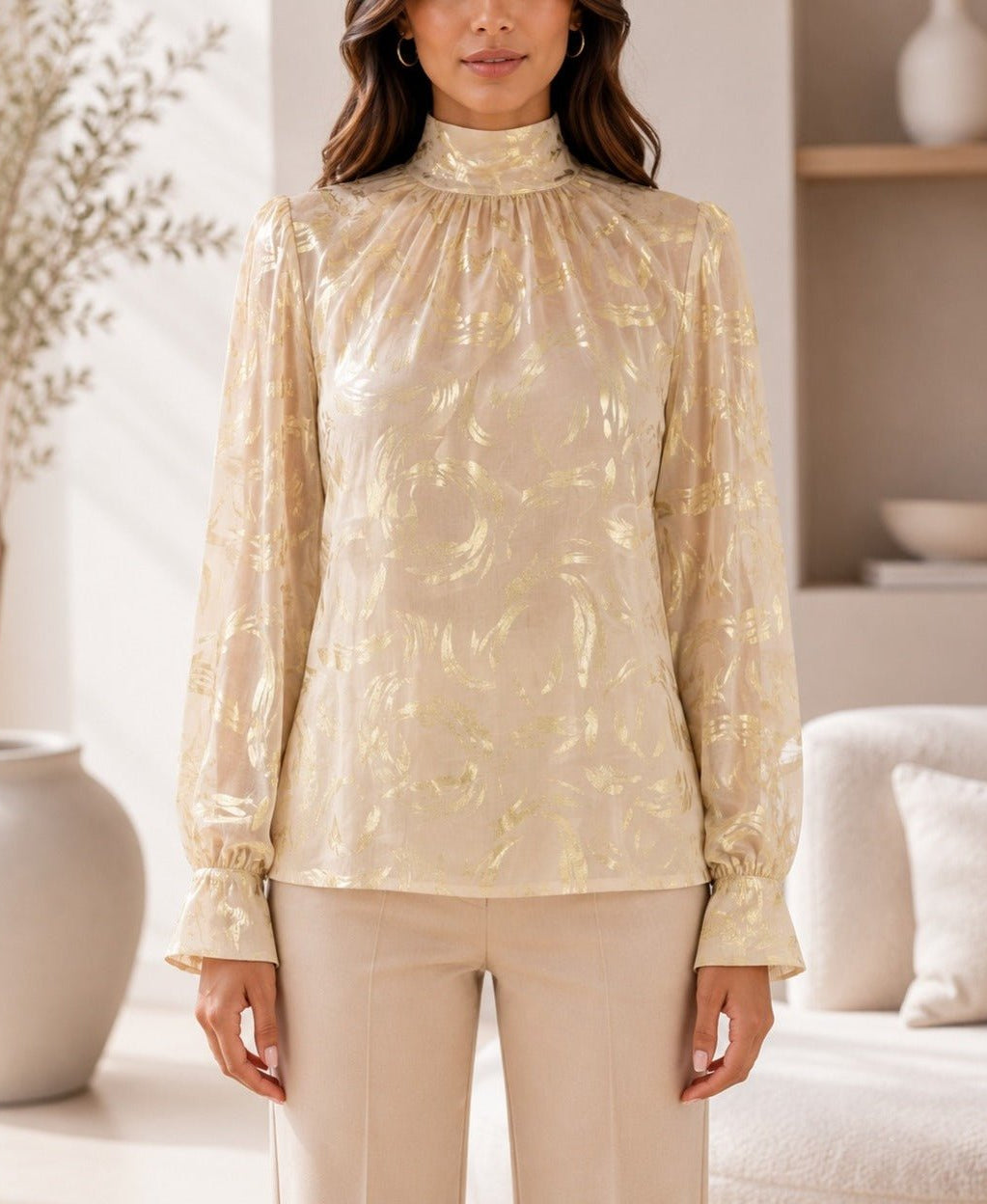 Ladies Gold High Neck Printed Long Sleeve Blouse - StylePhase SA