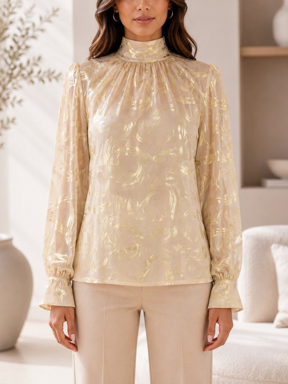Ladies Gold High Neck Printed Long Sleeve Blouse - StylePhase SA