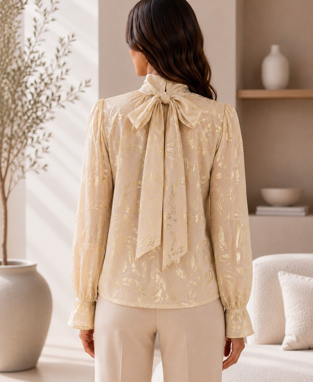 Ladies Gold High Neck Printed Long Sleeve Blouse - StylePhase SA