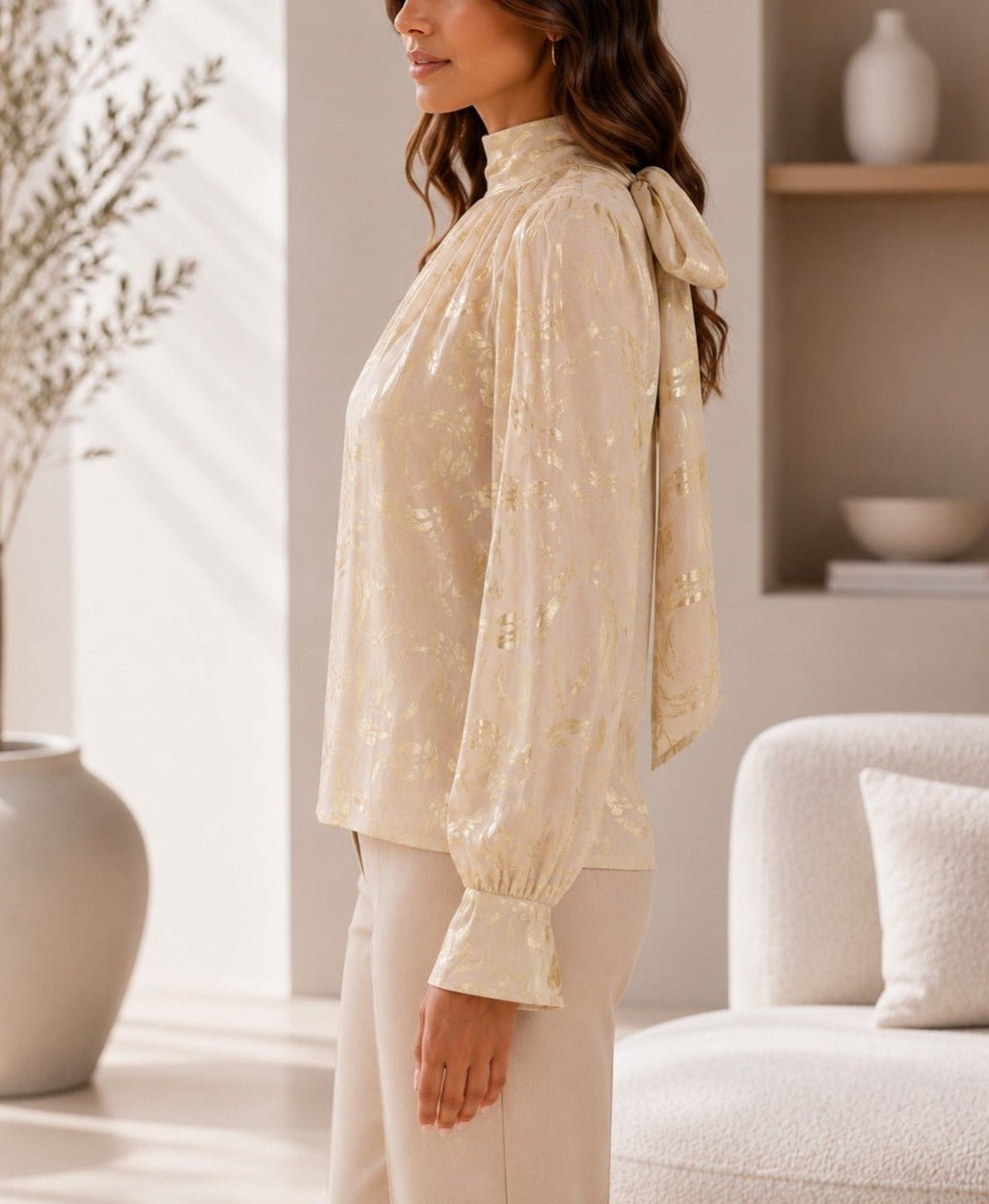 Ladies Gold High Neck Printed Long Sleeve Blouse - StylePhase SA
