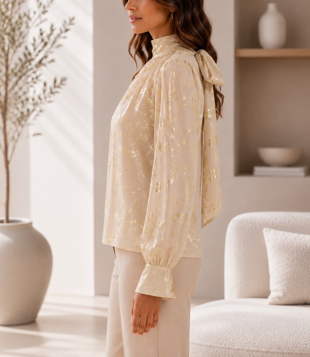 Ladies Gold High Neck Printed Long Sleeve Blouse - StylePhase SA