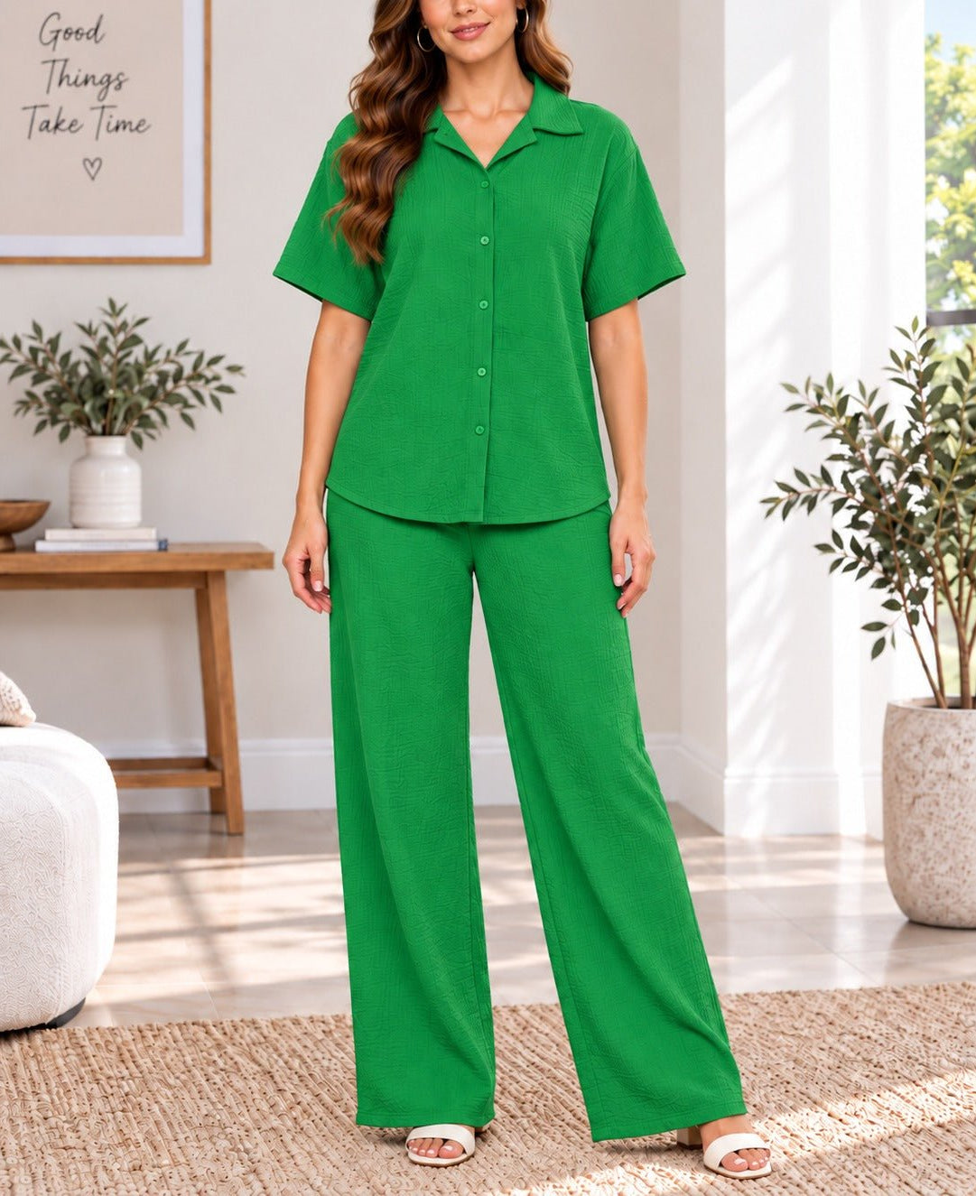 Ladies Green Button Shirt Two-Piece Set - StylePhase SA