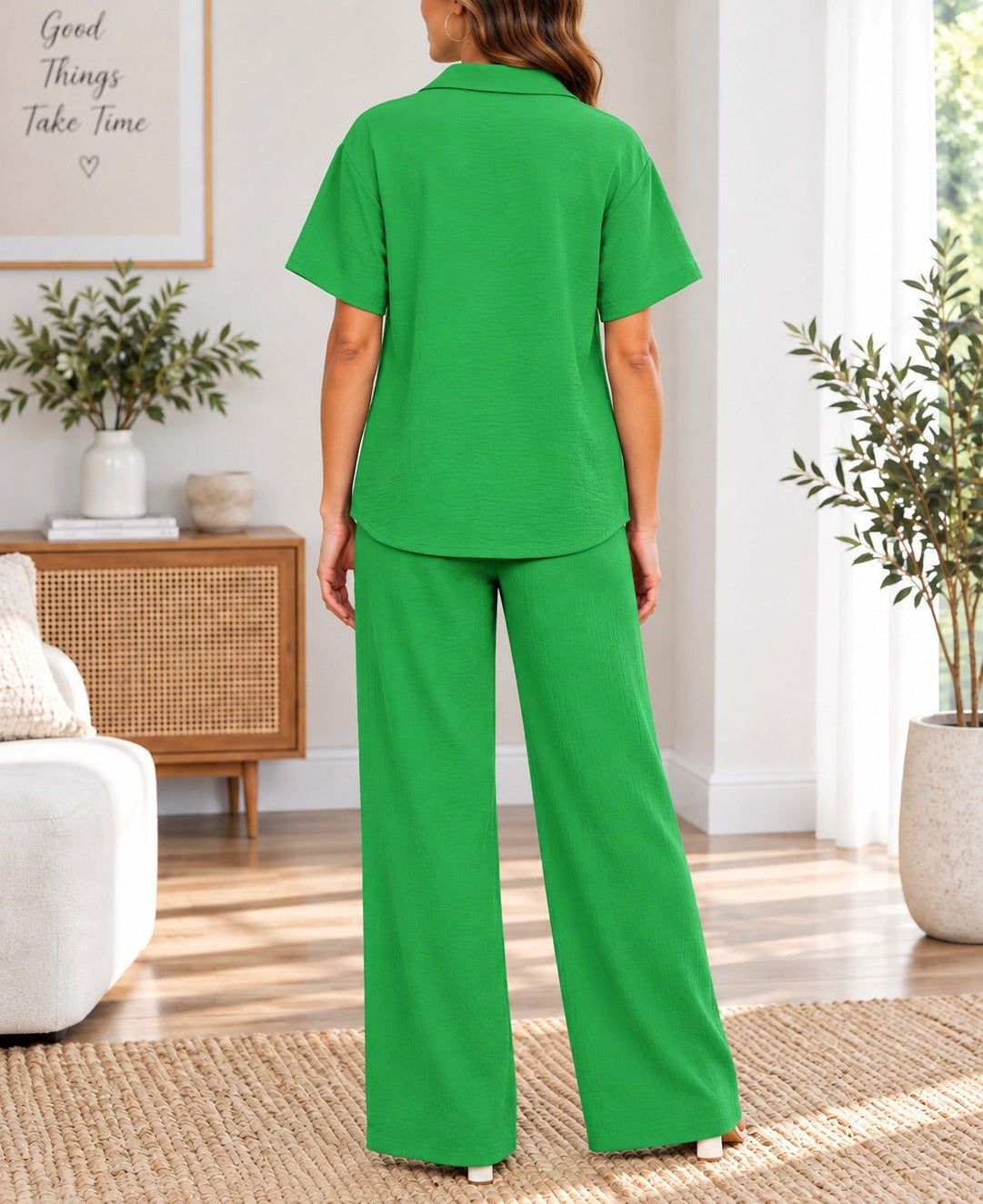 Ladies Green Button Shirt Two-Piece Set - StylePhase SA