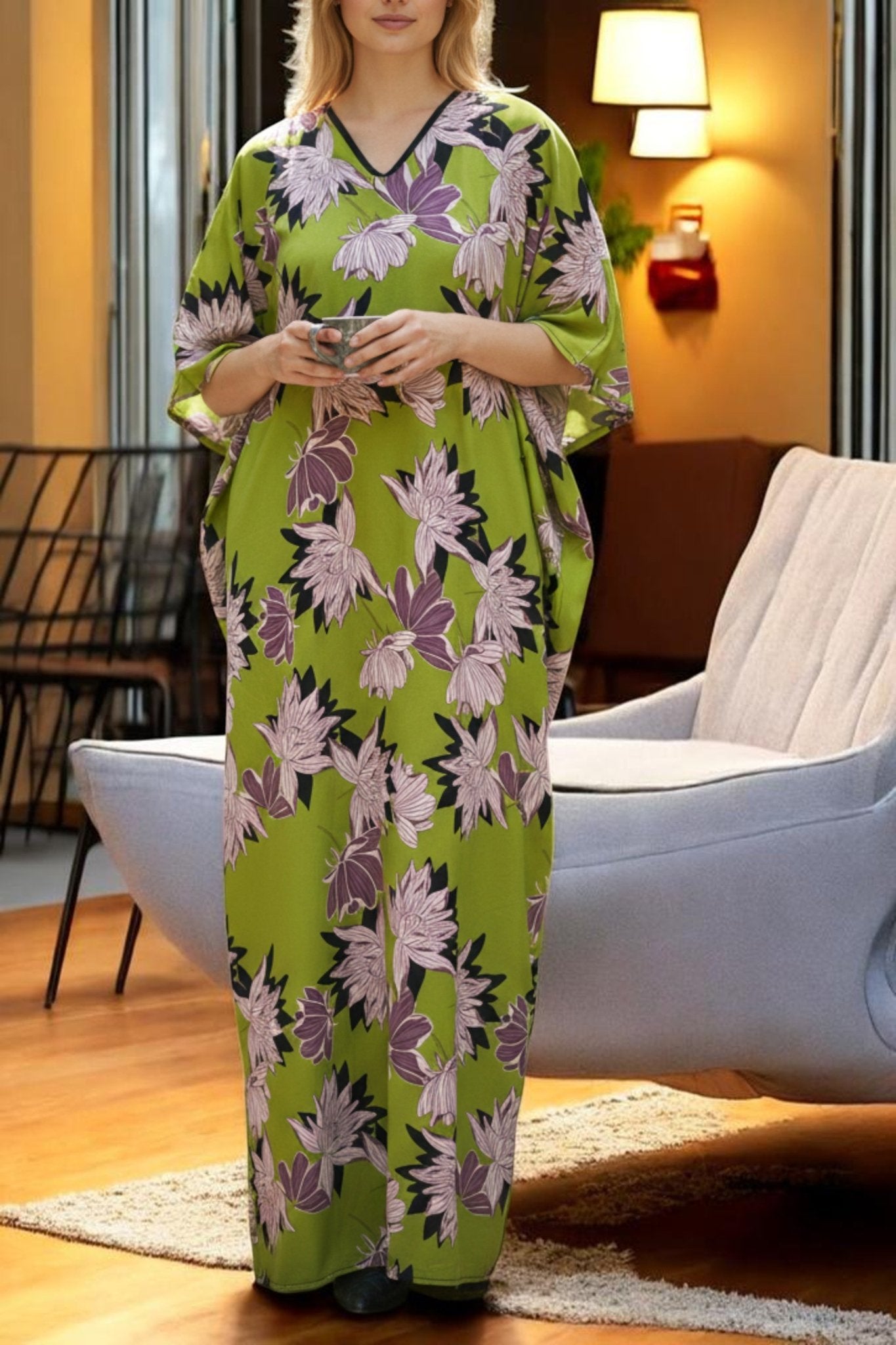 Ladies Green Floral Free Size Kaftan - StylePhase SA