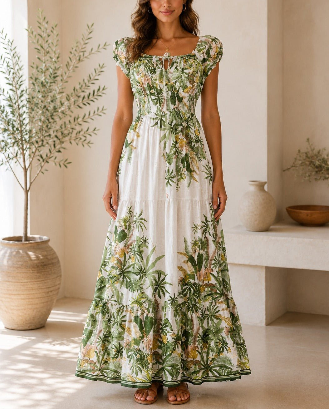 Ladies Green Floral Smoked Waist Maxi Dress - StylePhase SA
