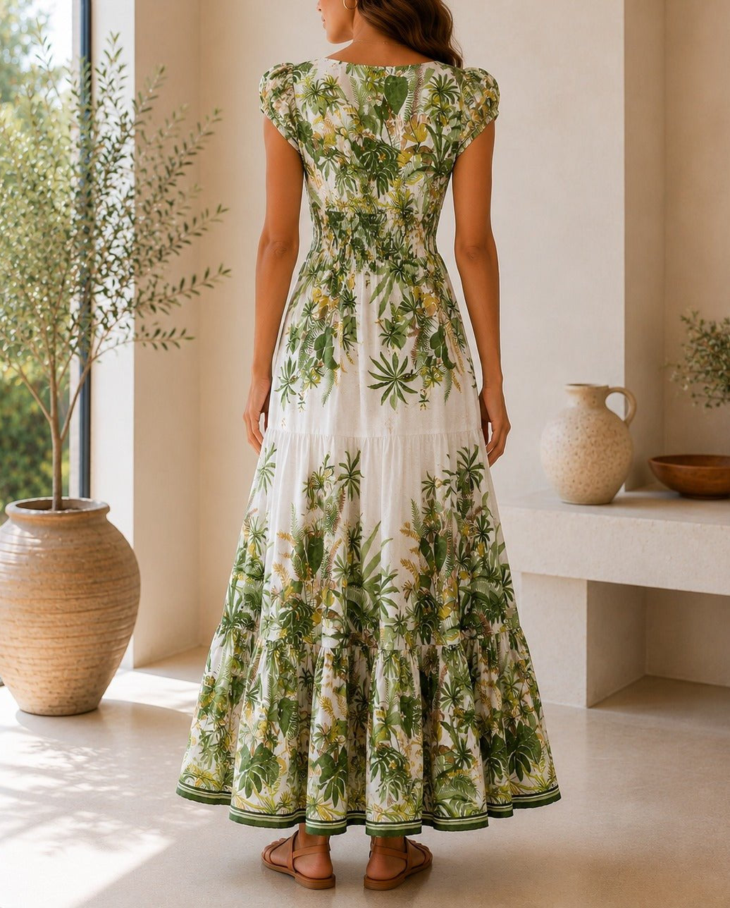 Ladies Green Floral Smoked Waist Maxi Dress - StylePhase SA
