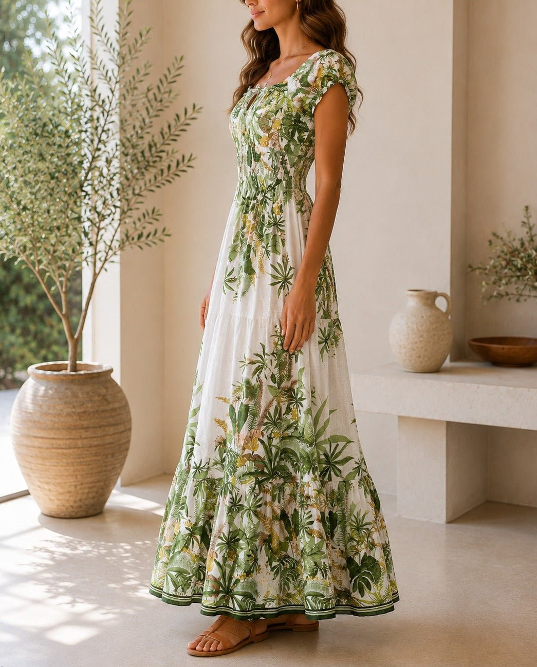 Ladies Green Floral Smoked Waist Maxi Dress - StylePhase SA