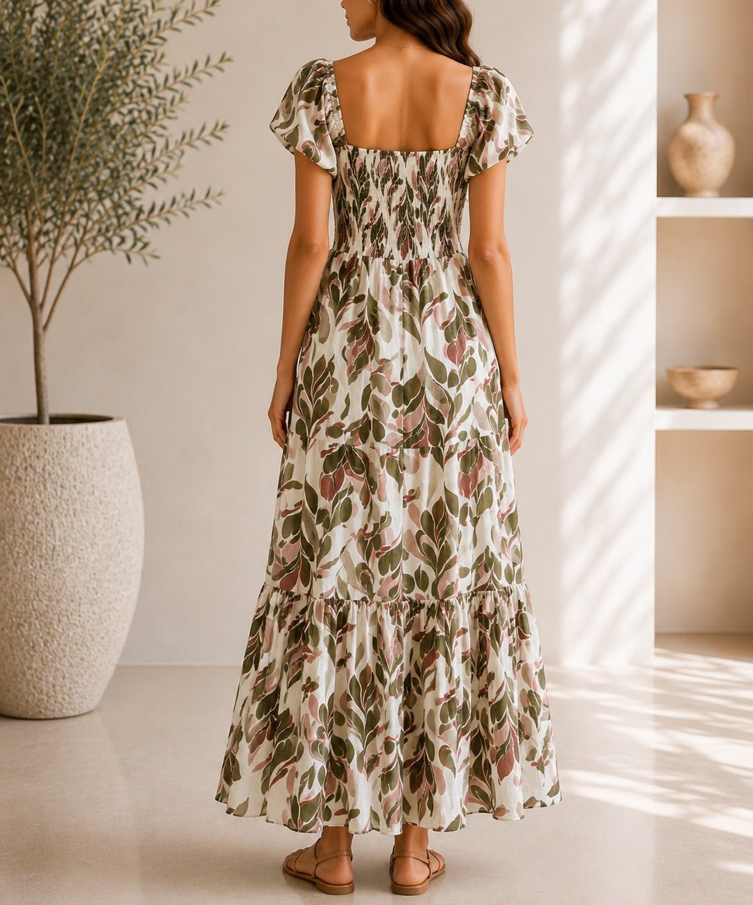 Ladies Green Leaf Print Double Layered Flutter Sleeve Dress - StylePhase SA