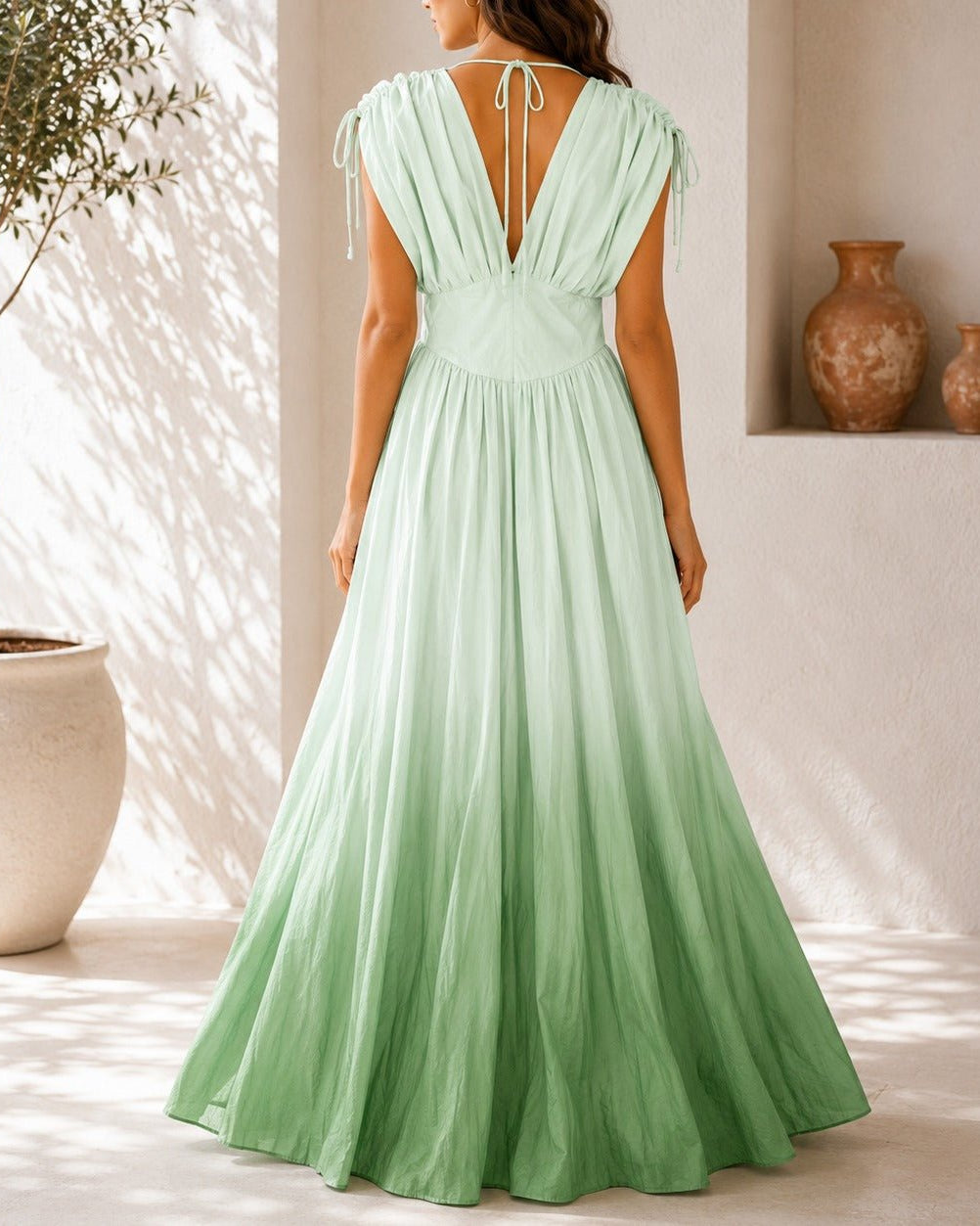 Ladies Green Ombre Deep V-Neckline Tie Back Maxi Dress - StylePhase SA