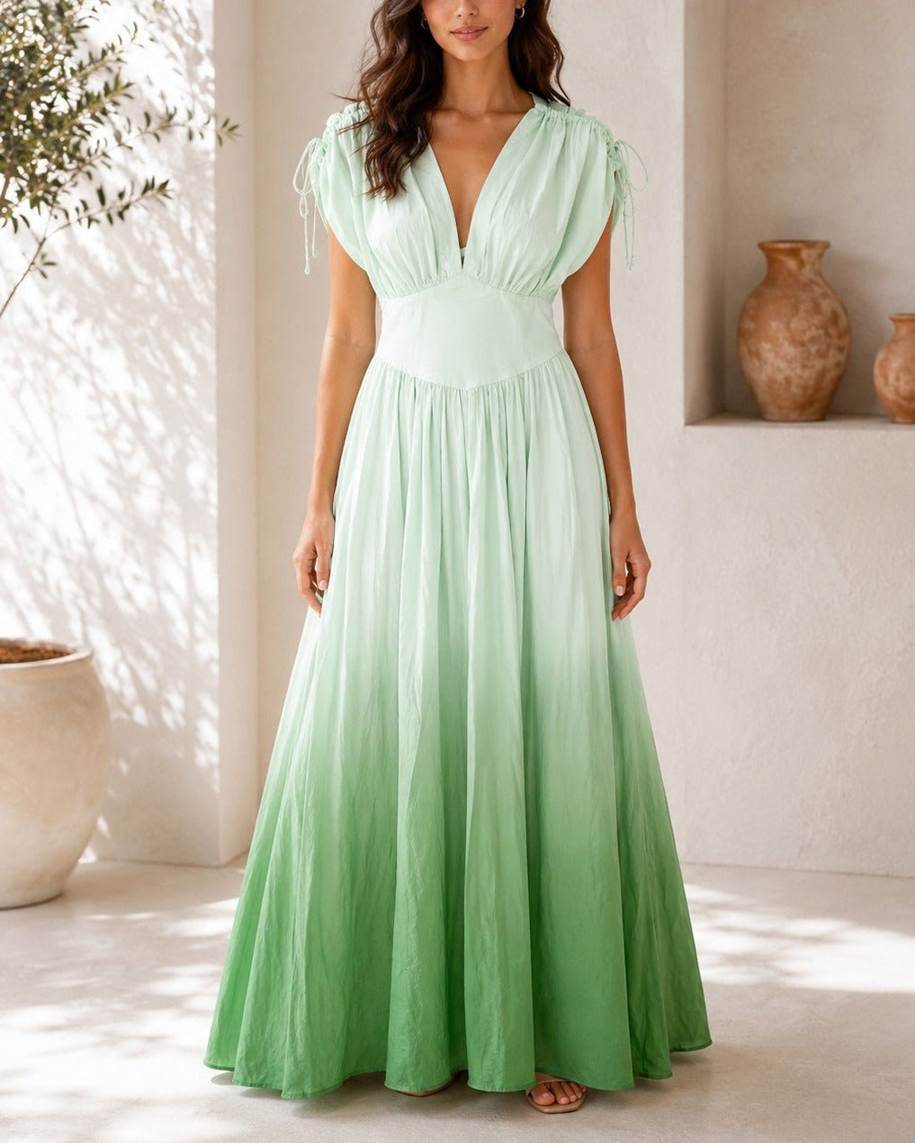 Ladies Green Ombre Deep V-Neckline Tie Back Maxi Dress - StylePhase SA