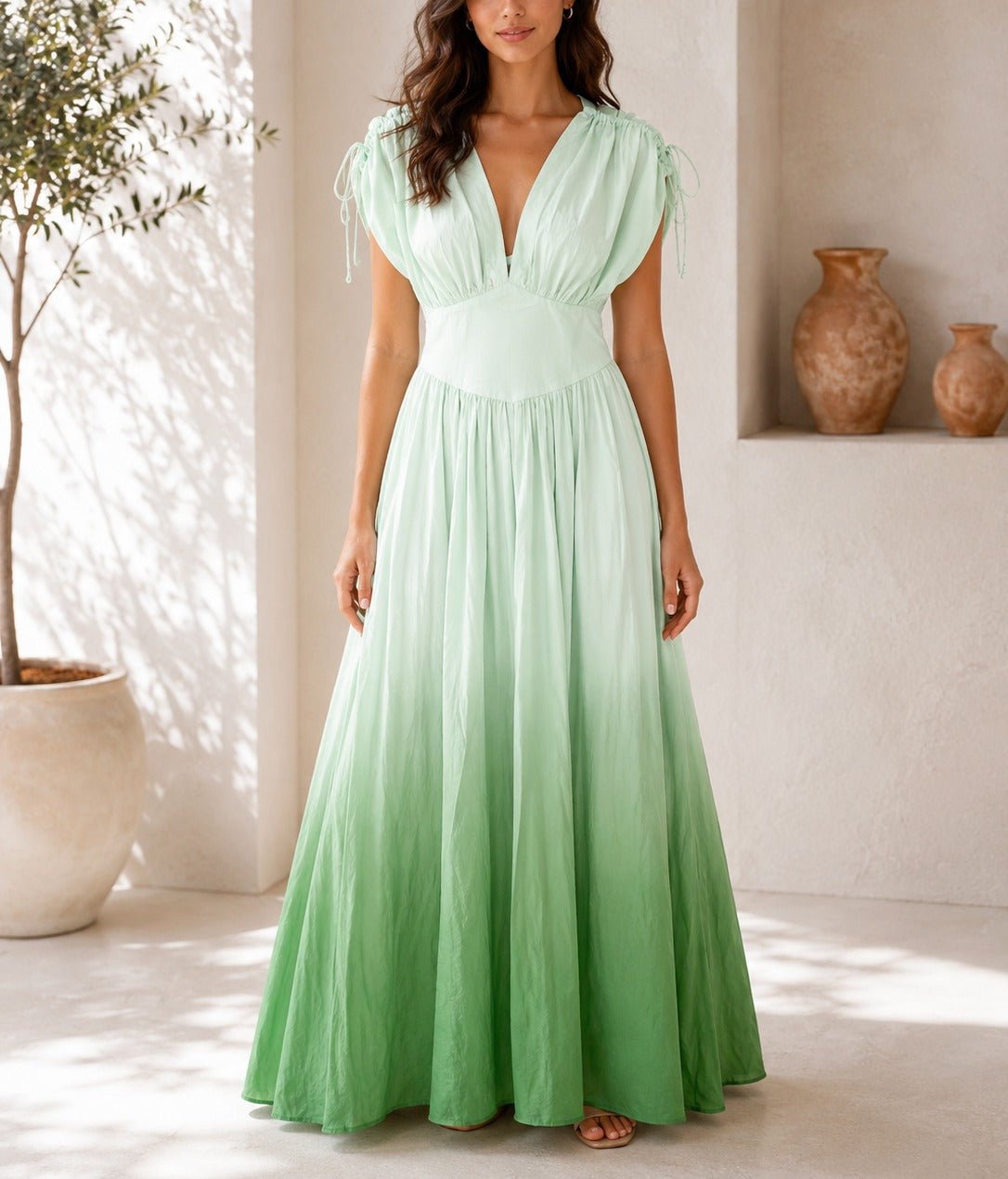 Ladies Green Ombre Deep V-Neckline Tie Back Maxi Dress - StylePhase SA