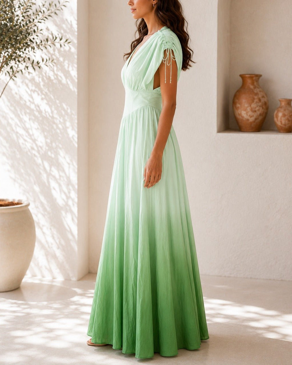 Ladies Green Ombre Deep V-Neckline Tie Back Maxi Dress - StylePhase SA