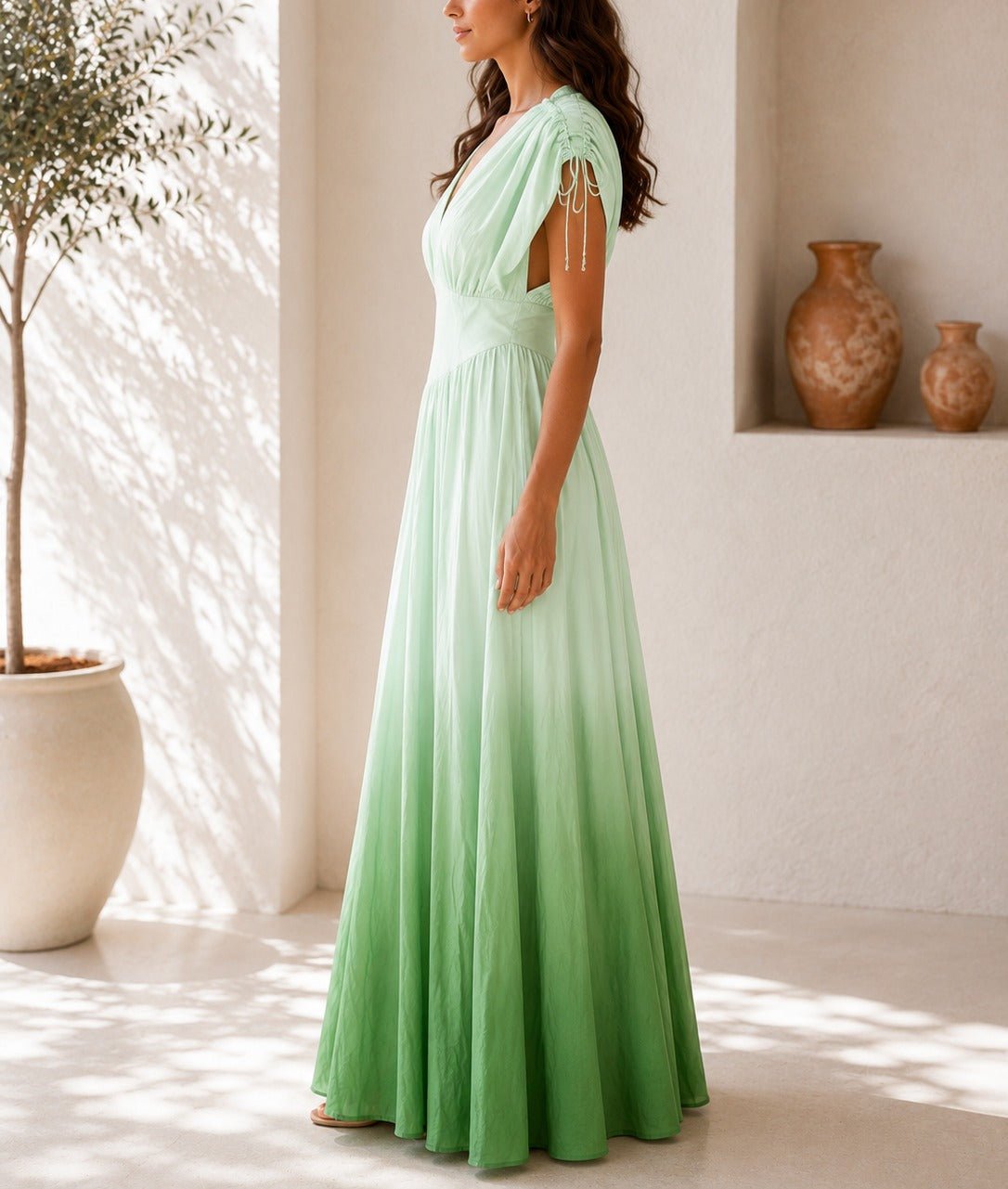 Ladies Green Ombre Deep V-Neckline Tie Back Maxi Dress - StylePhase SA
