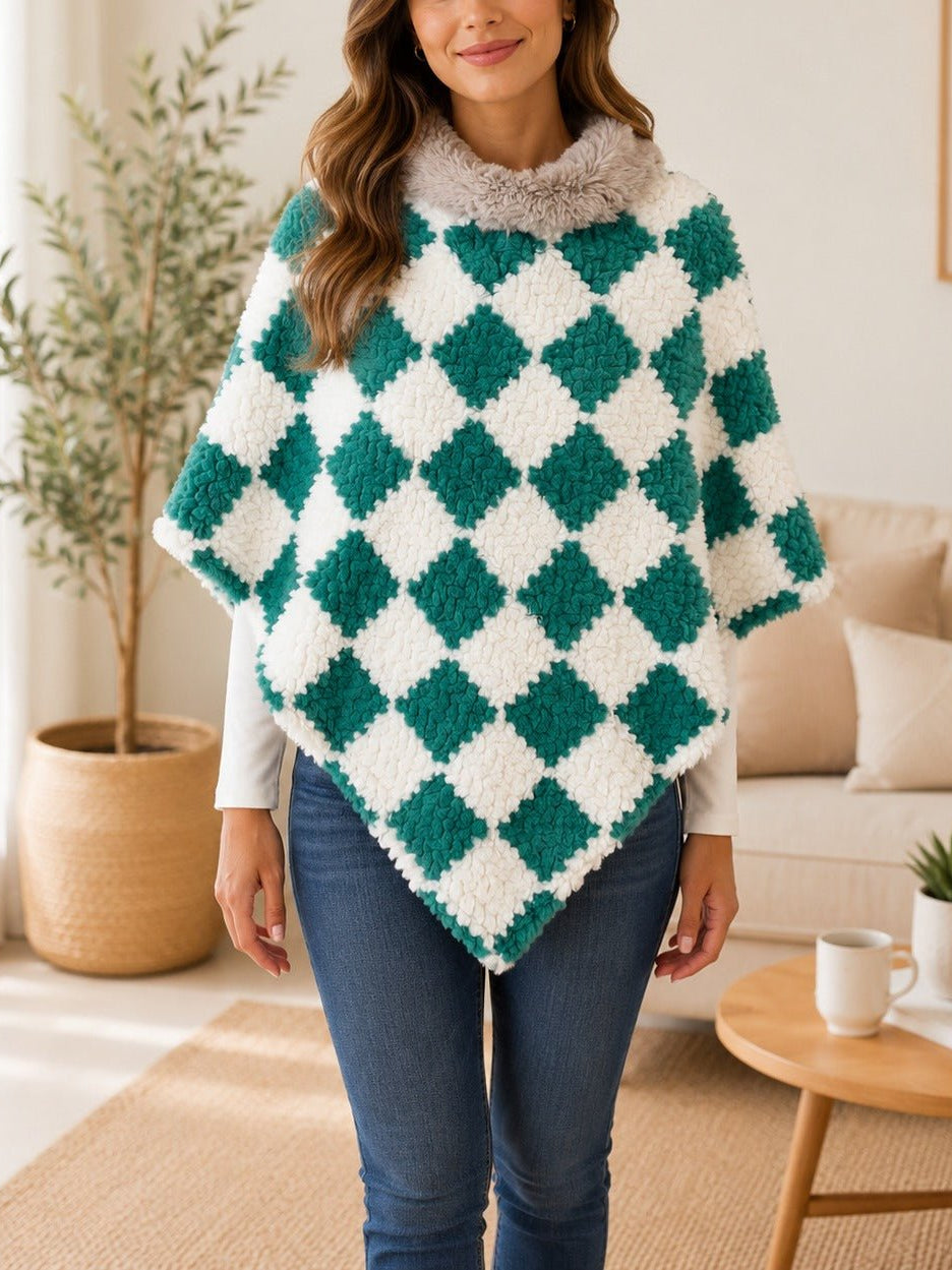 Ladies Green Square Pattern Fur Collar Poncho - StylePhase SA