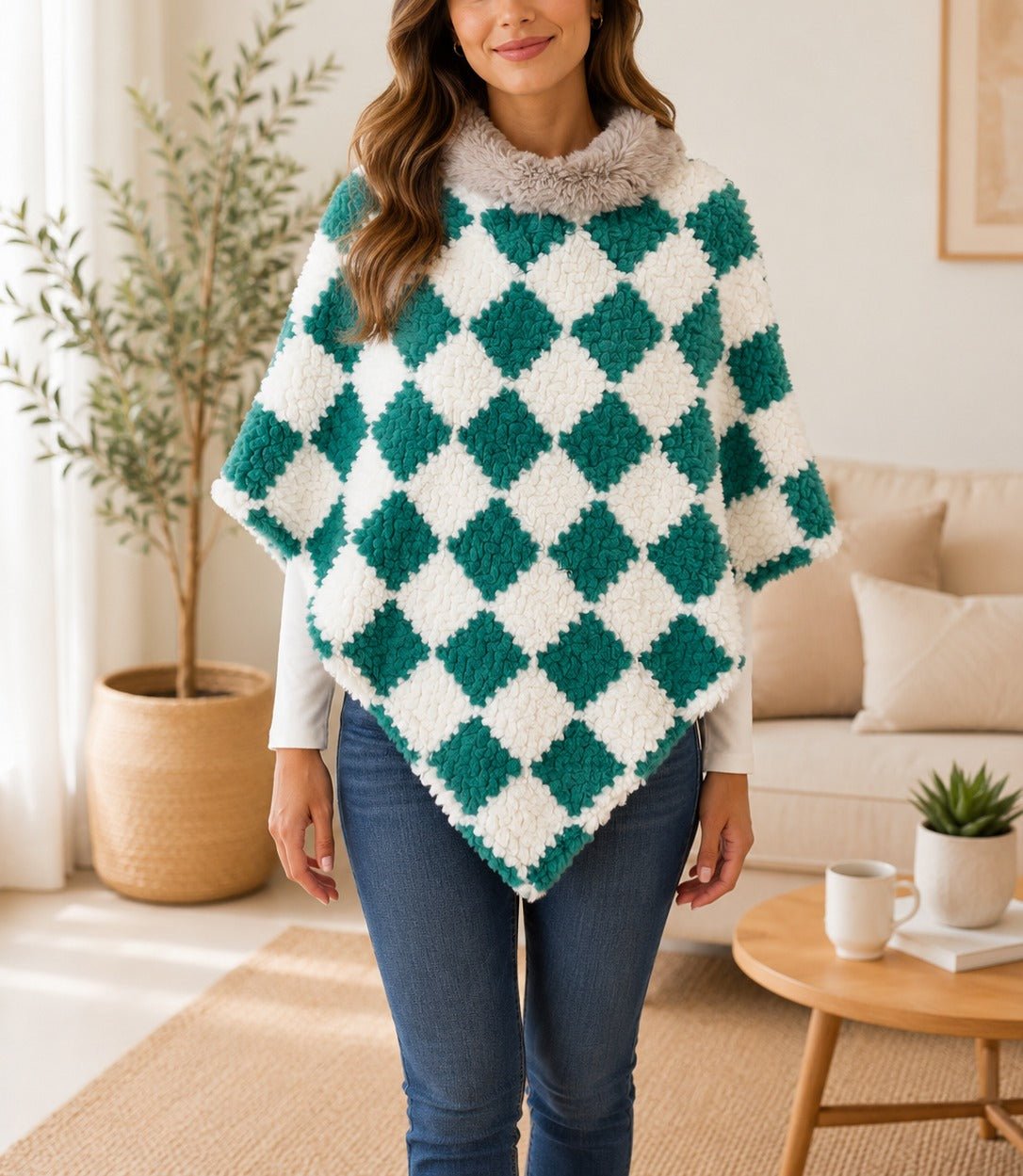 Ladies Green Square Pattern Fur Collar Poncho - StylePhase SA