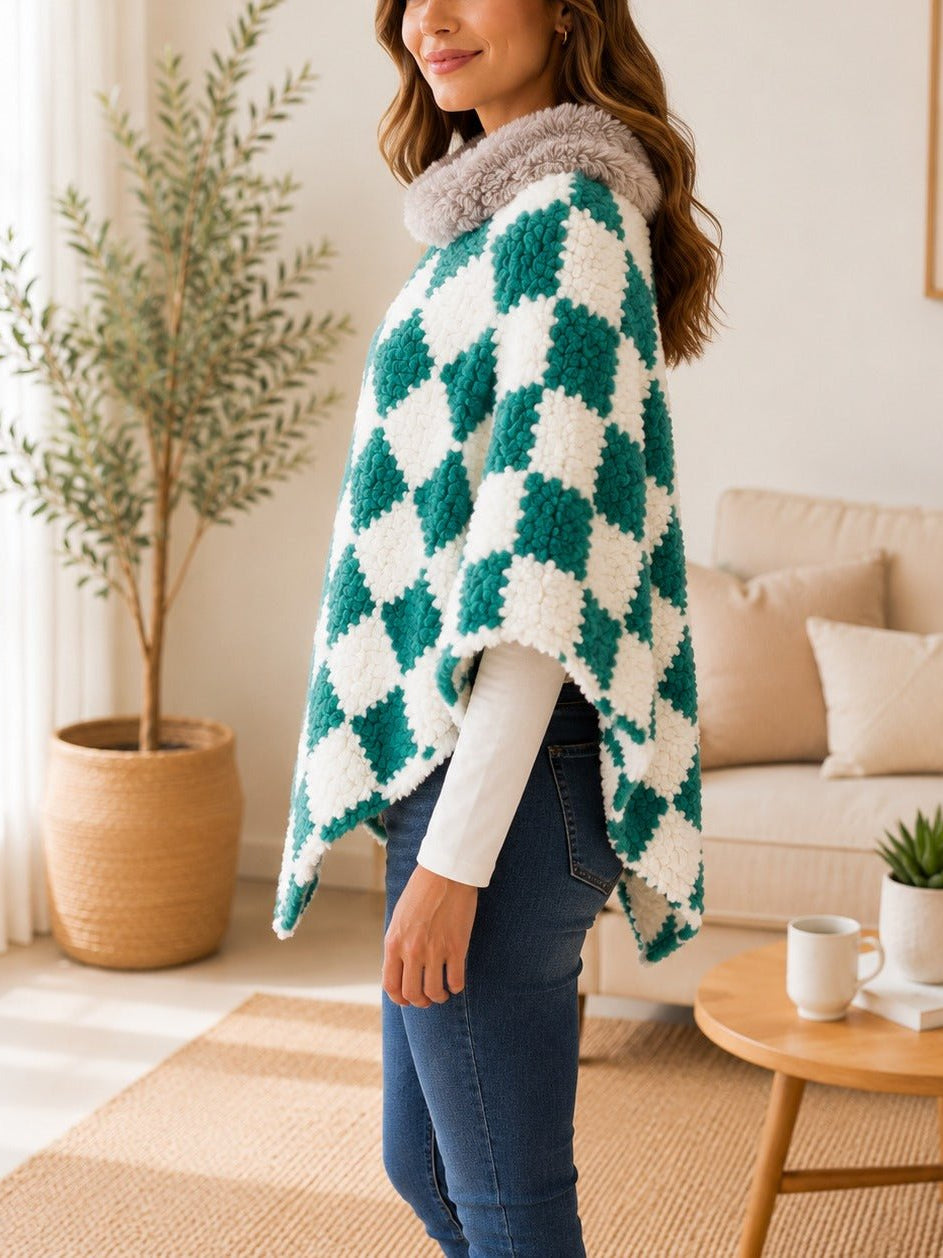 Ladies Green Square Pattern Fur Collar Poncho - StylePhase SA