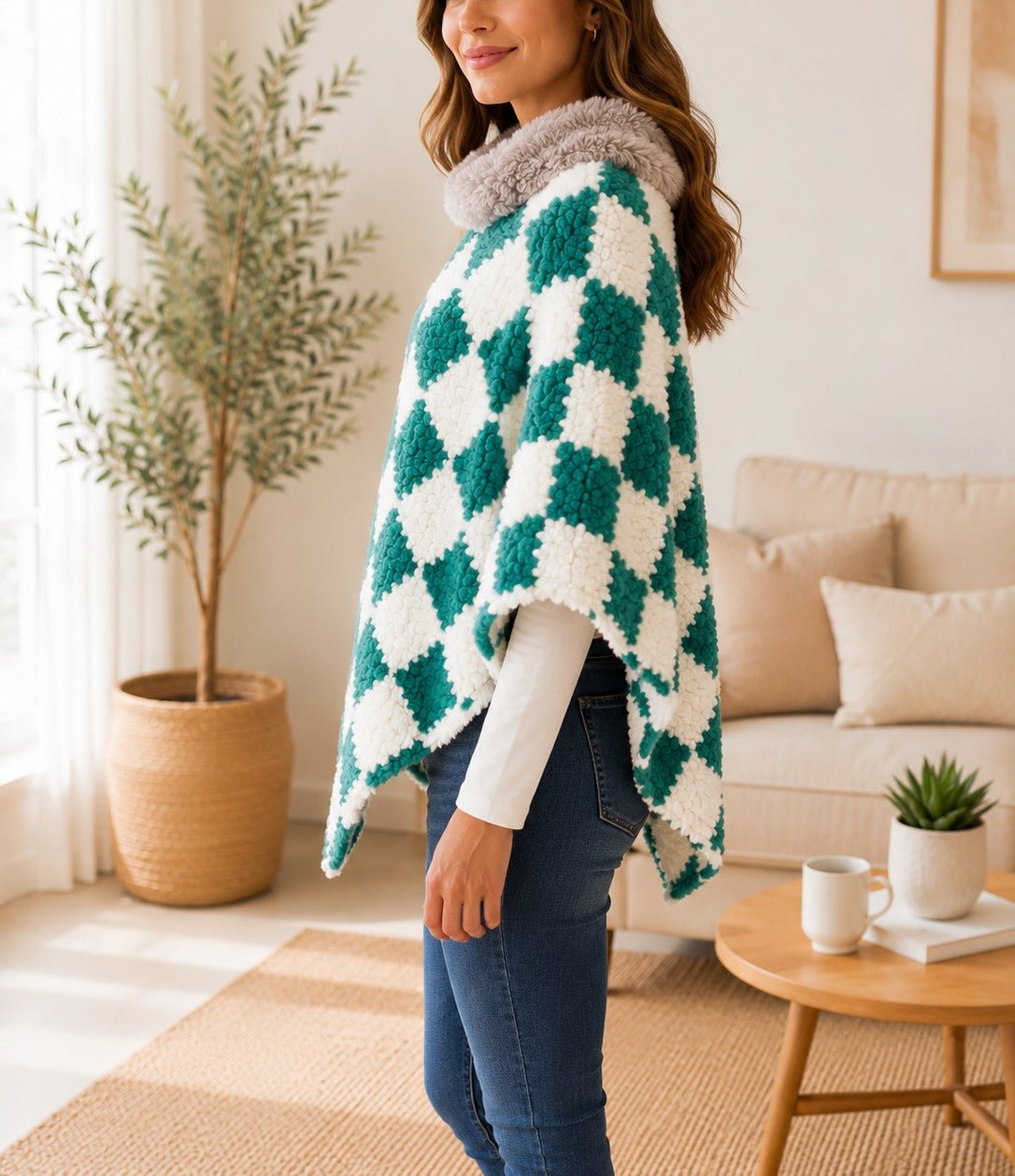 Ladies Green Square Pattern Fur Collar Poncho - StylePhase SA