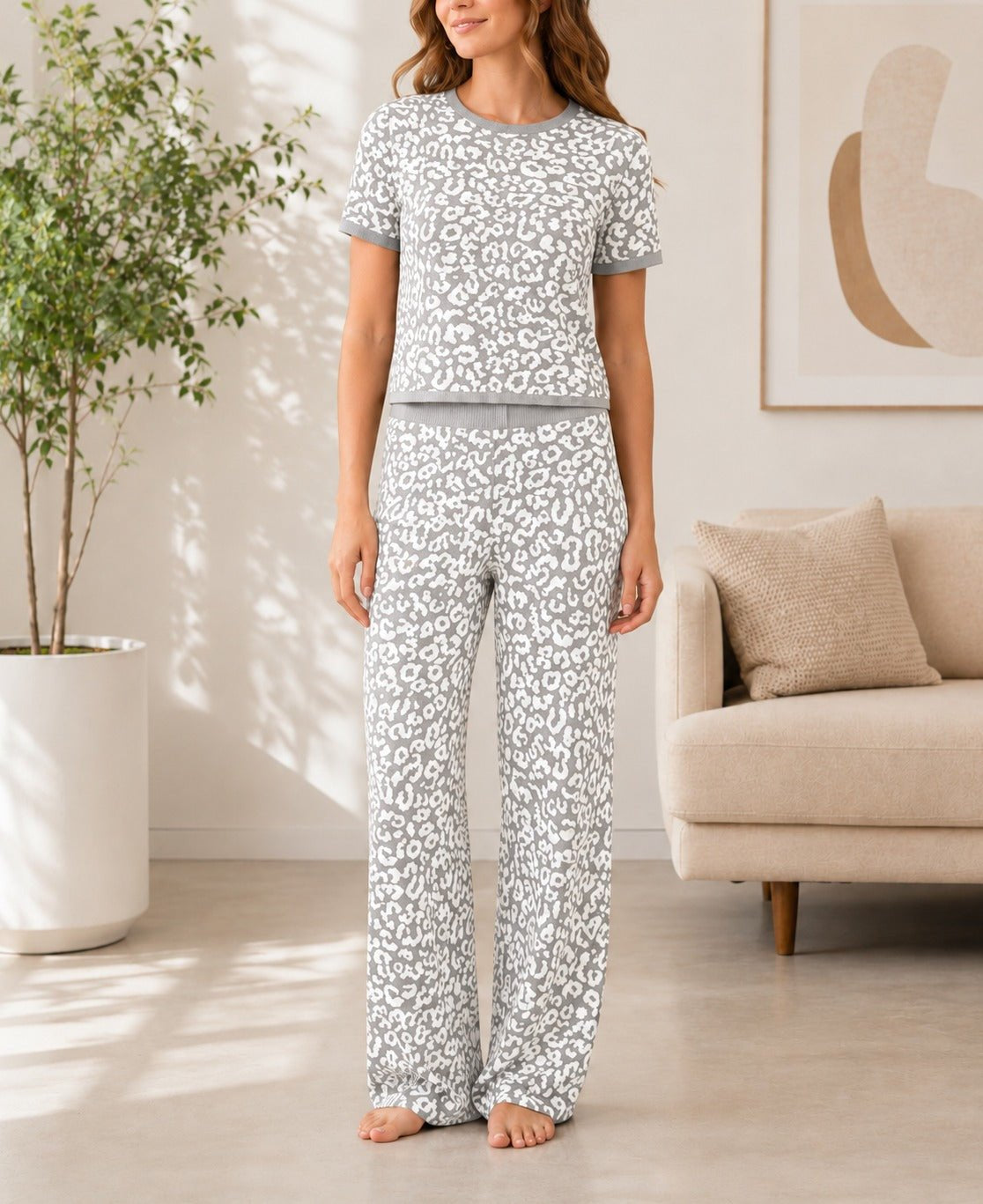 Ladies Grey And White Leopard Print Knitwear Jersey Set - StylePhase SA