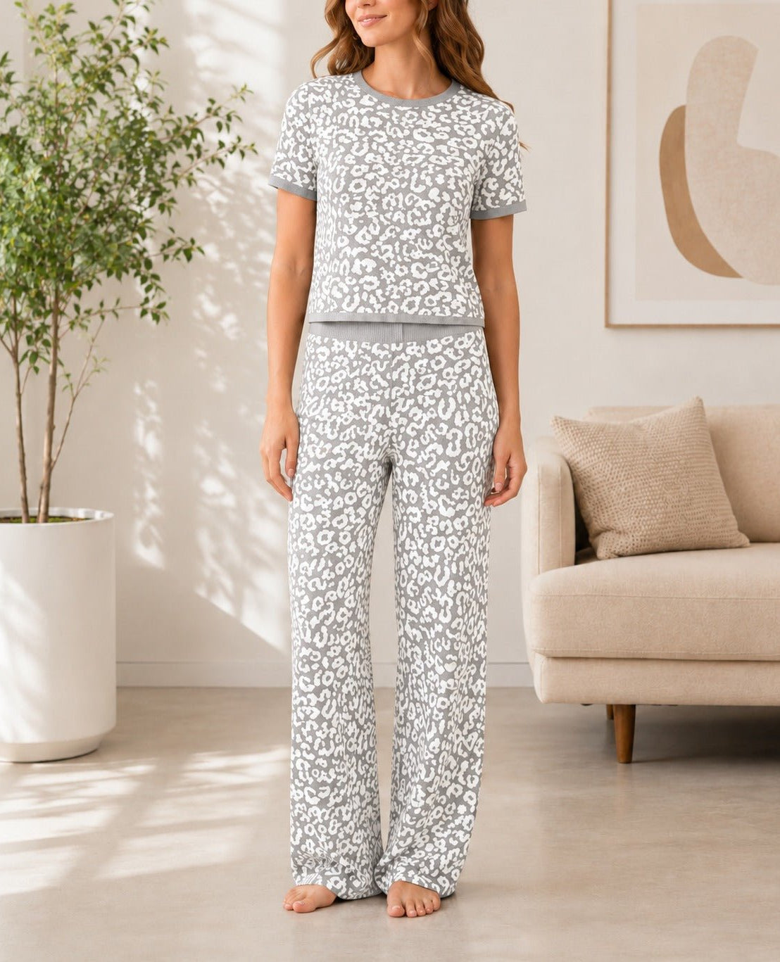 Ladies Grey And White Leopard Print Knitwear Jersey Set - StylePhase SA