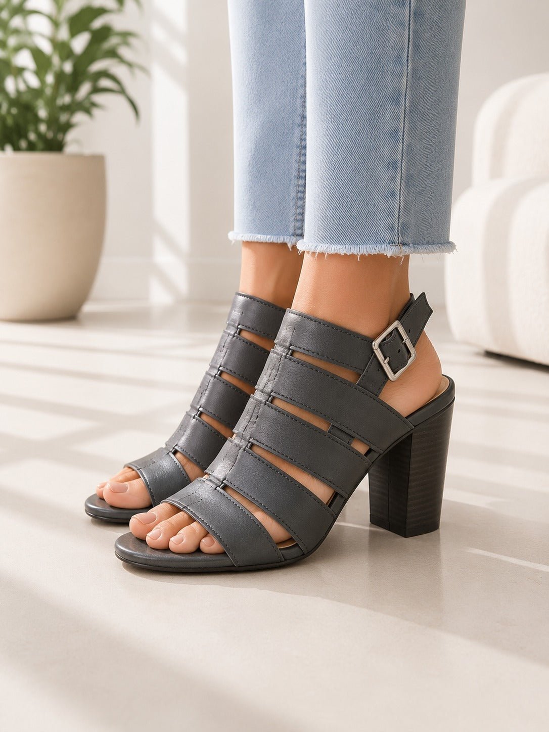 Ladies Grey Aurora Block Heel Caged Sandals - StylePhase SA