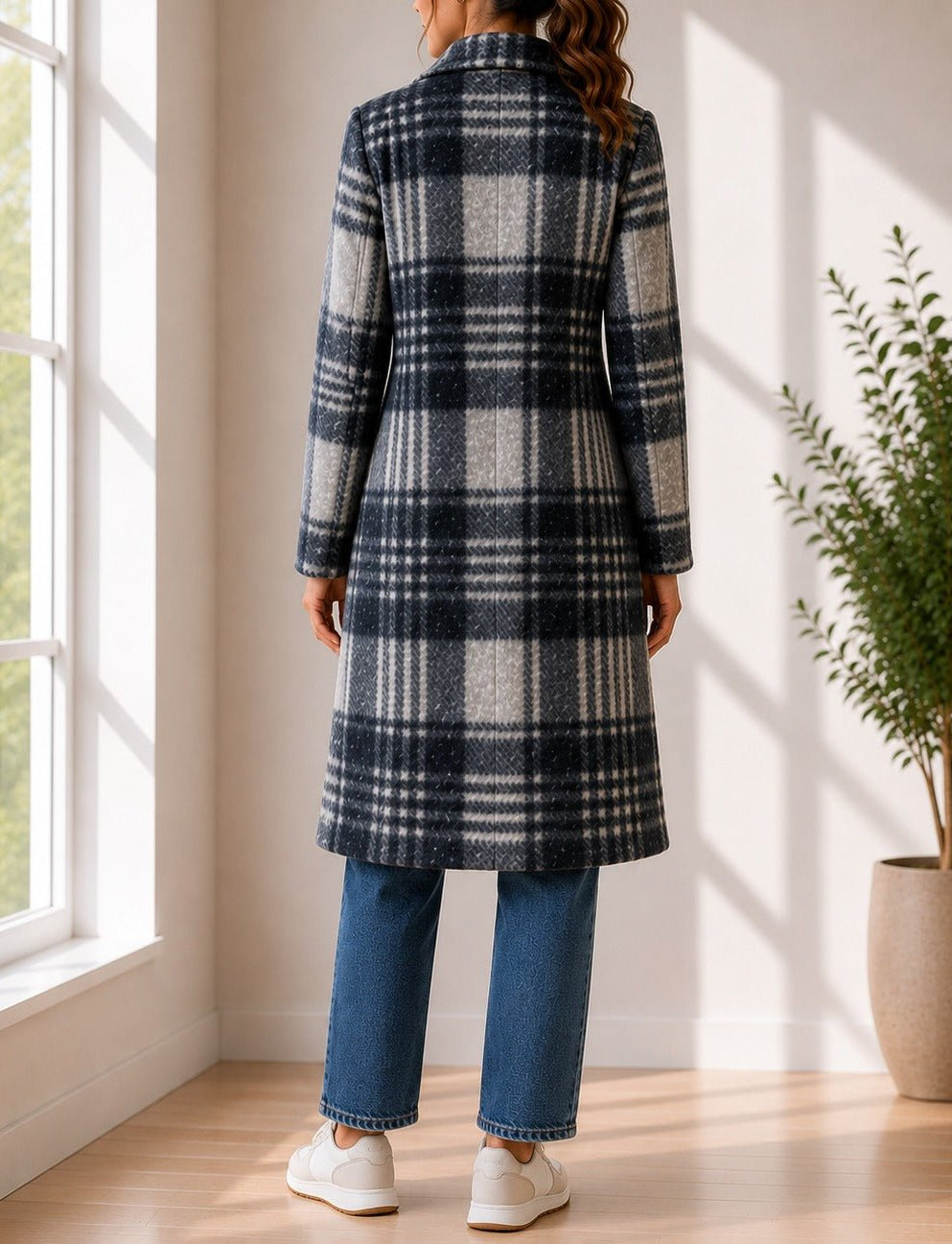 Ladies Grey Check Longline Double-Breasted Coat - StylePhase SA