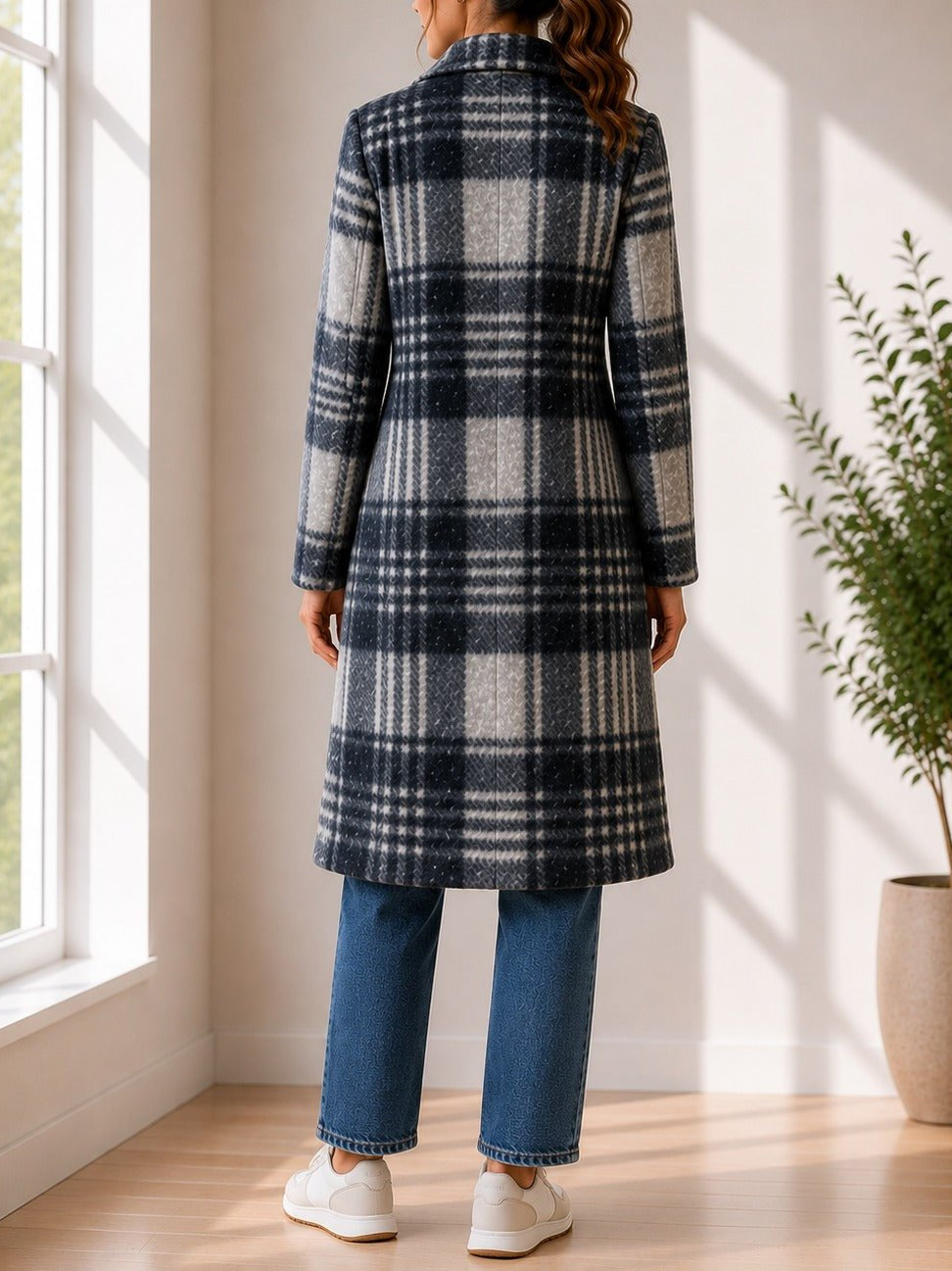 Ladies Grey Check Longline Double-Breasted Coat - StylePhase SA