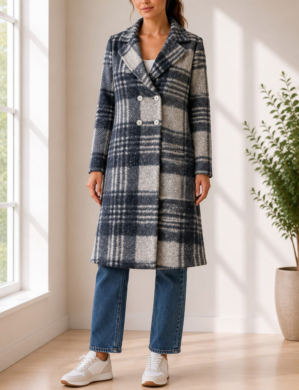 Ladies Grey Check Longline Double-Breasted Coat - StylePhase SA