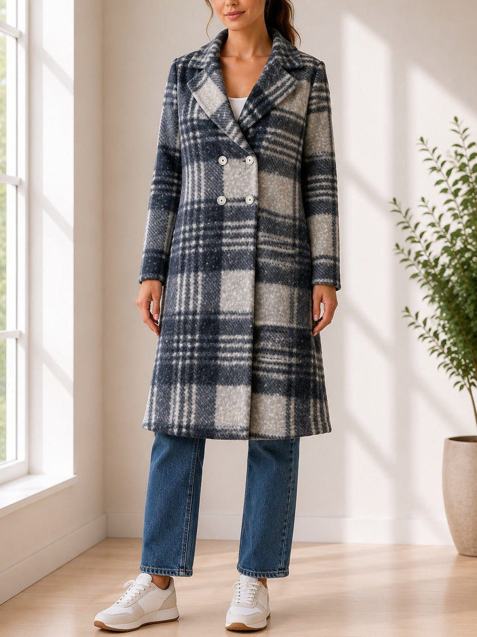 Ladies Grey Check Longline Double-Breasted Coat - StylePhase SA