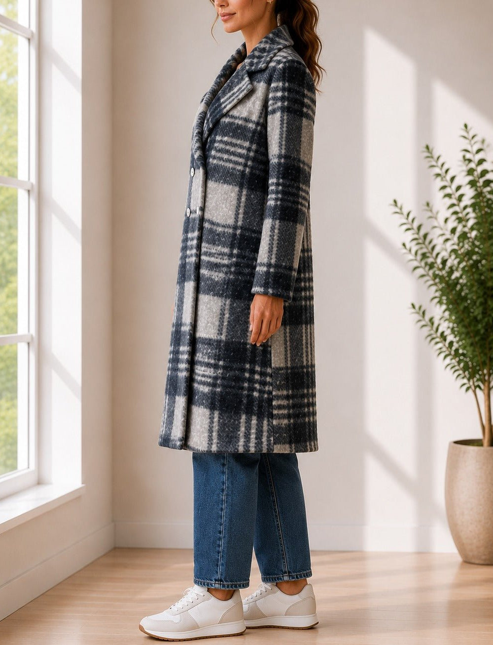 Ladies Grey Check Longline Double-Breasted Coat - StylePhase SA