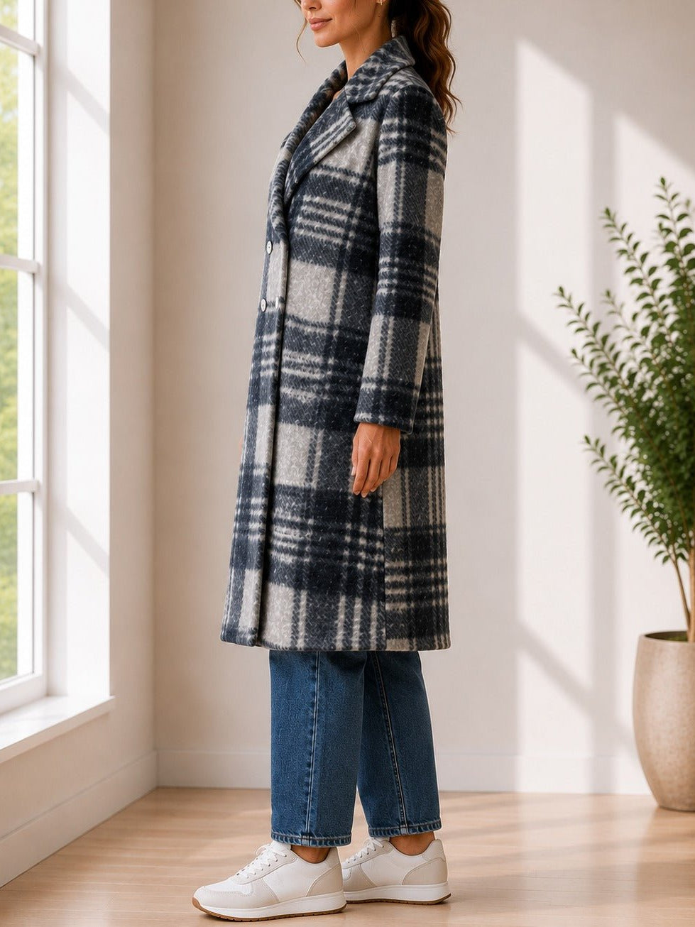 Ladies Grey Check Longline Double-Breasted Coat - StylePhase SA