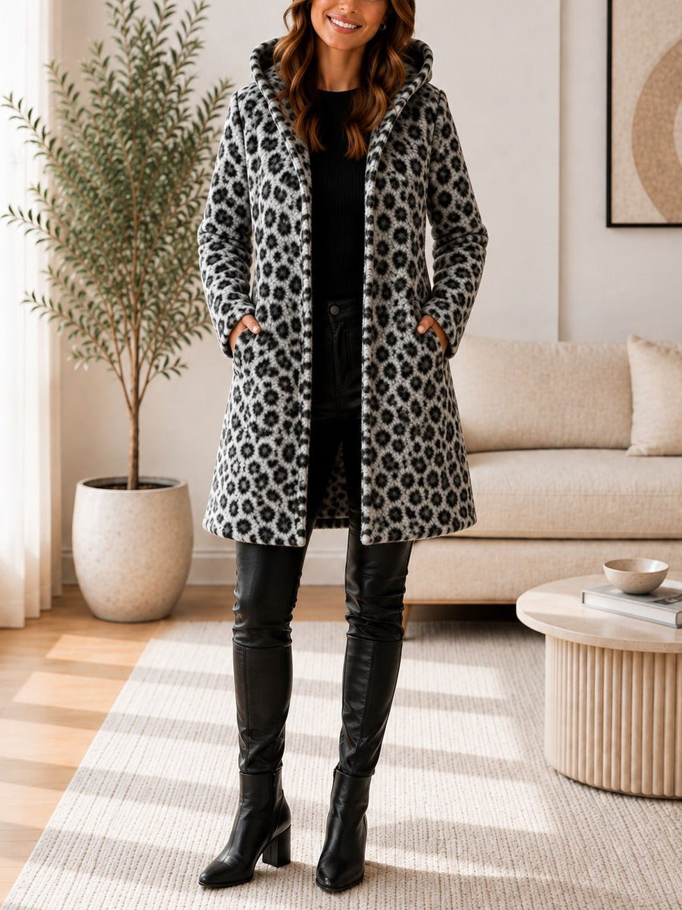 Ladies Grey Curly Melton Leopard Print Hooded Coat - StylePhase SA