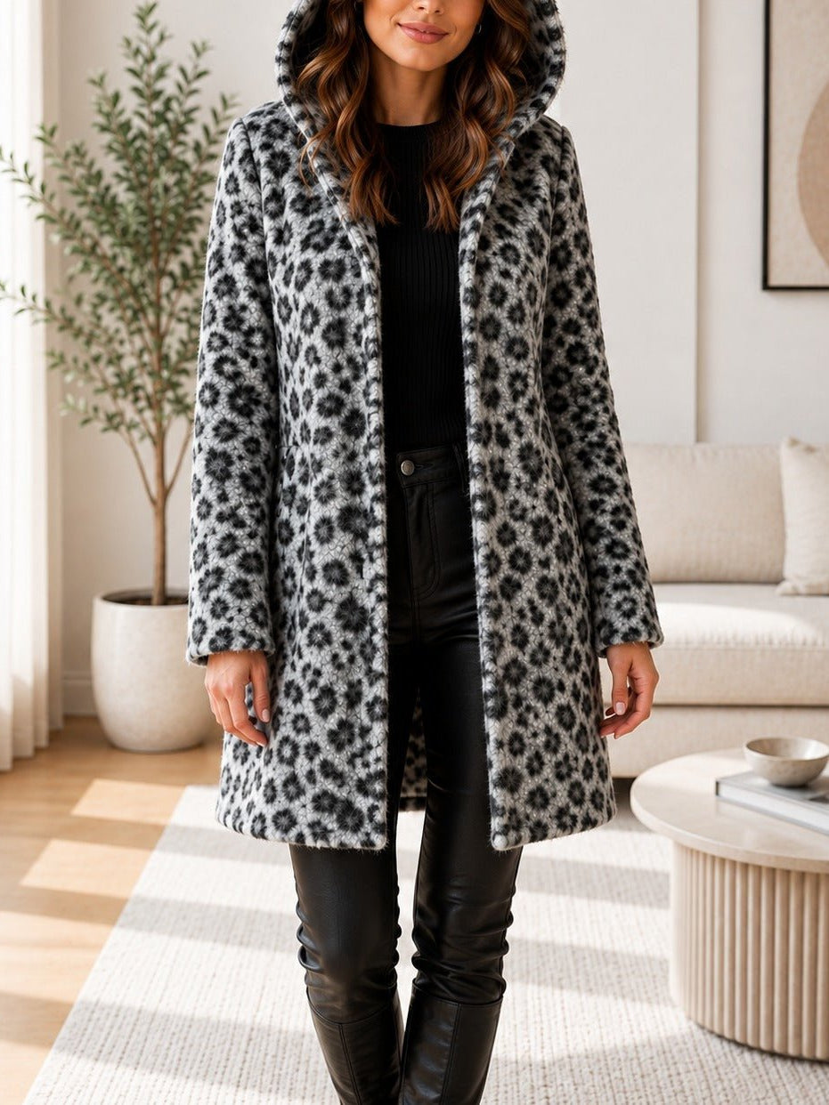 Ladies Grey Curly Melton Leopard Print Hooded Coat - StylePhase SA