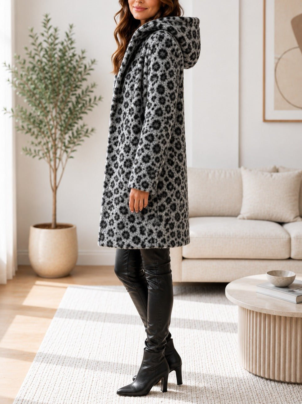 Ladies Grey Curly Melton Leopard Print Hooded Coat - StylePhase SA