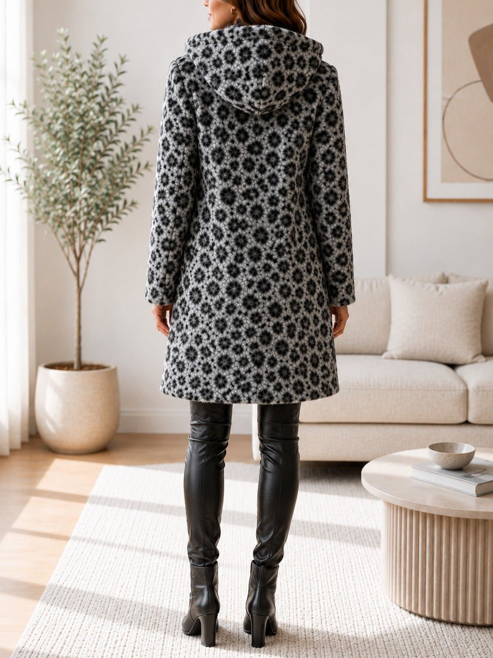Ladies Grey Curly Melton Leopard Print Hooded Coat - StylePhase SA
