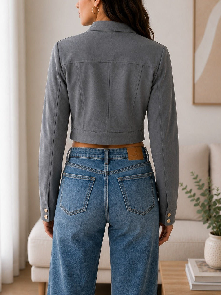 Ladies Grey Faux Suede Cropped Jacket - StylePhase SA