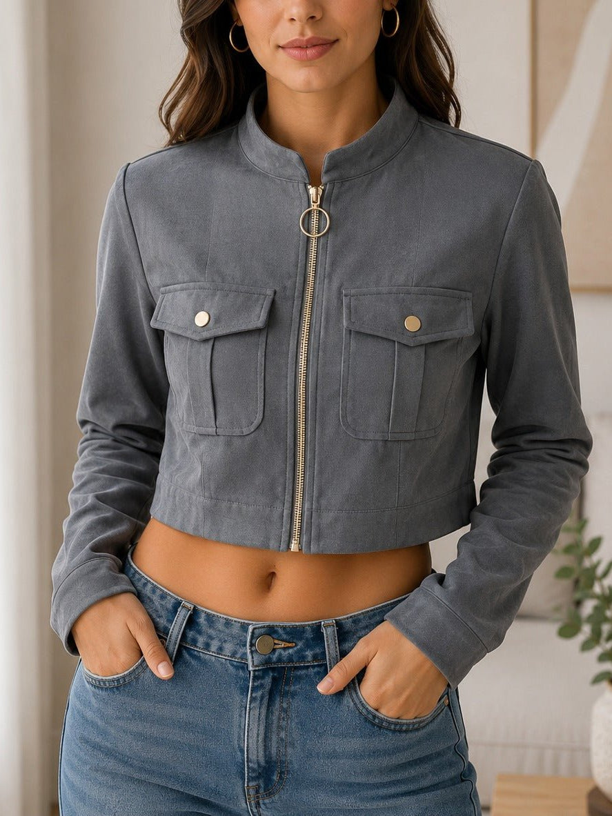Ladies Grey Faux Suede Cropped Jacket - StylePhase SA