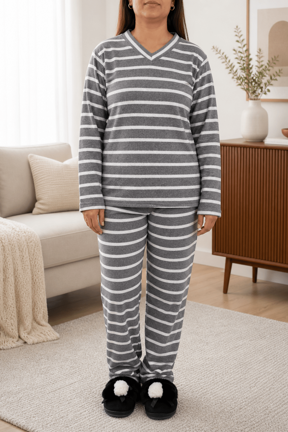 Ladies Grey Fleece Stripe Pyjama Set - StylePhase SA
