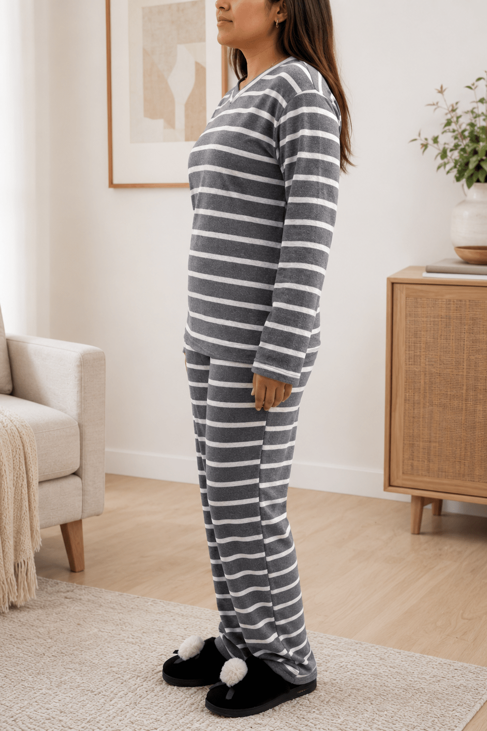 Ladies Grey Fleece Stripe Pyjama Set - StylePhase SA