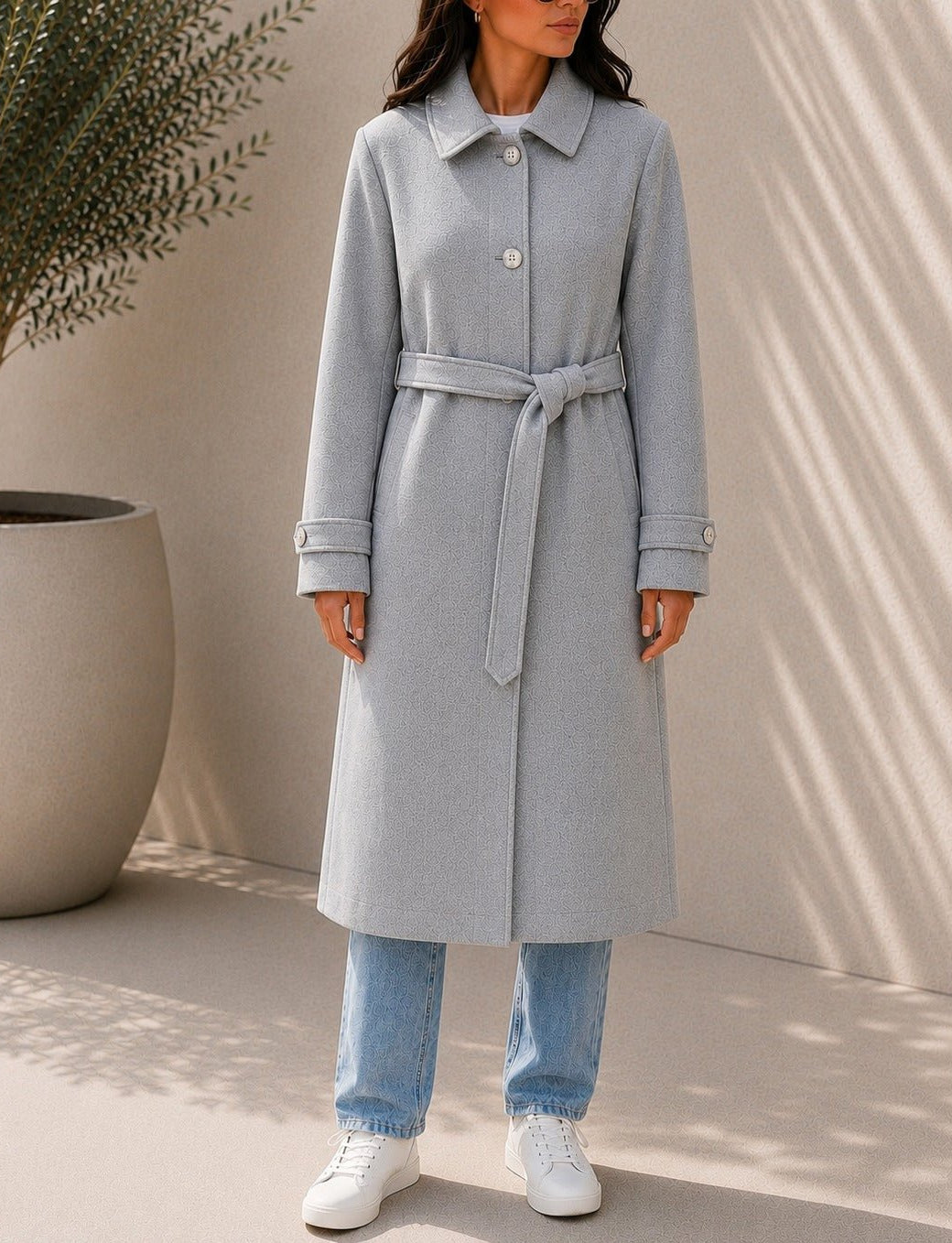 Ladies Grey Pleated Button Detail Melton Coat - StylePhase SA