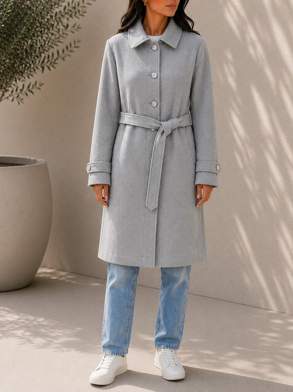 Ladies Grey Pleated Button Detail Melton Coat - StylePhase SA