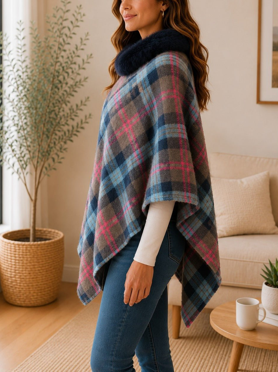 Ladies Grey Two Tone Fur Collar Poncho - StylePhase SA