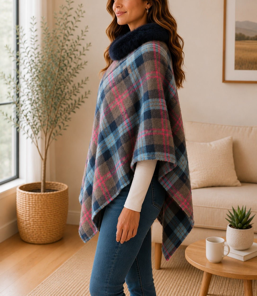 Ladies Grey Two Tone Fur Collar Poncho - StylePhase SA