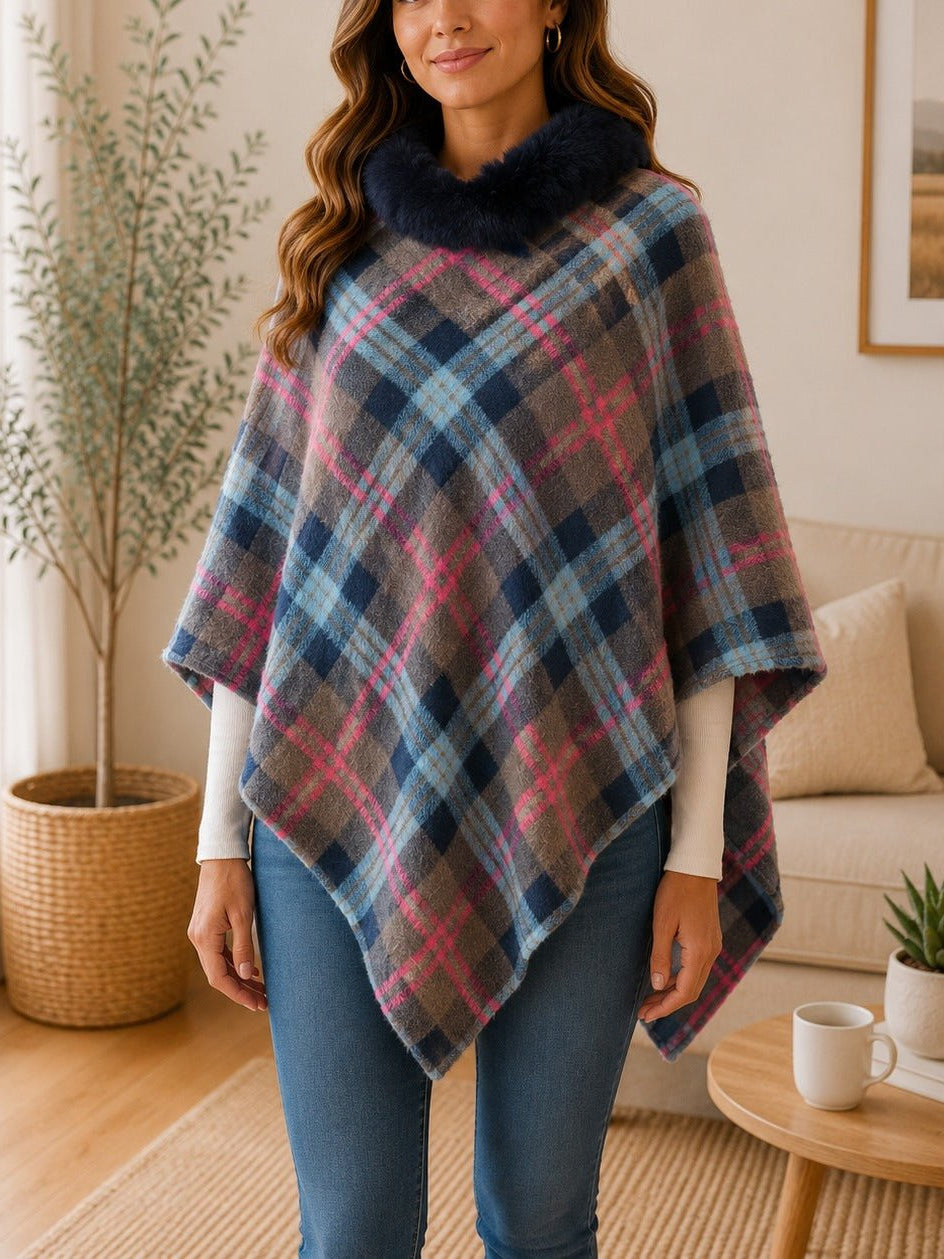 Ladies Grey Two Tone Fur Collar Poncho - StylePhase SA