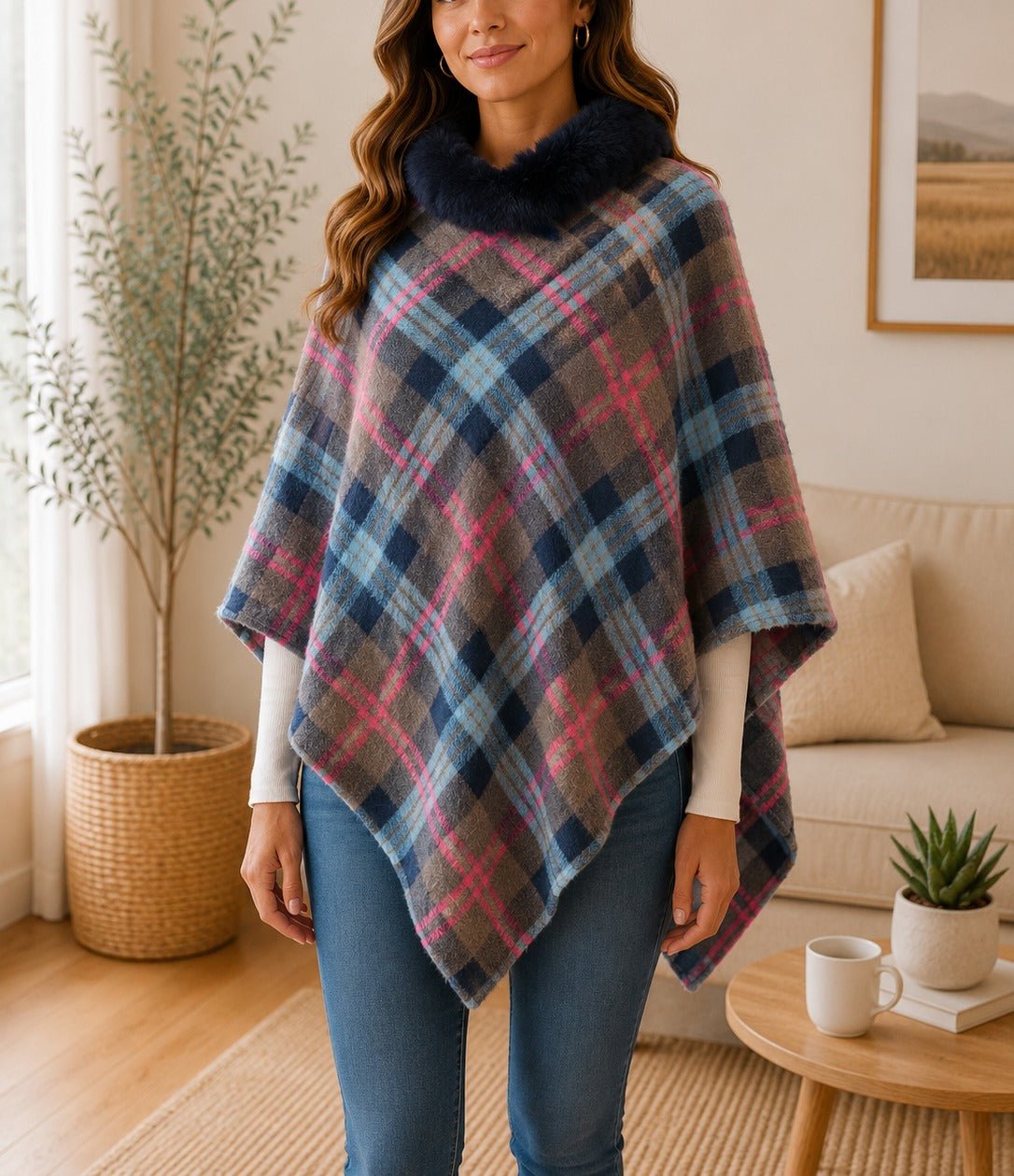 Ladies Grey Two Tone Fur Collar Poncho - StylePhase SA
