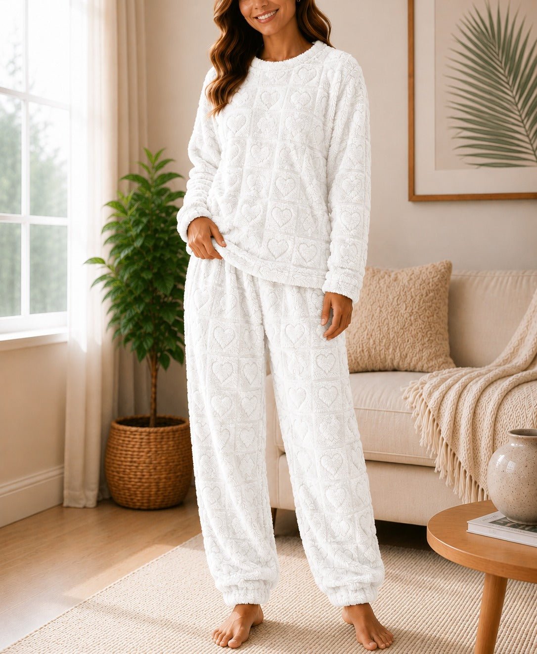 Ladies Heart plush PJ Set - White - StylePhase SA