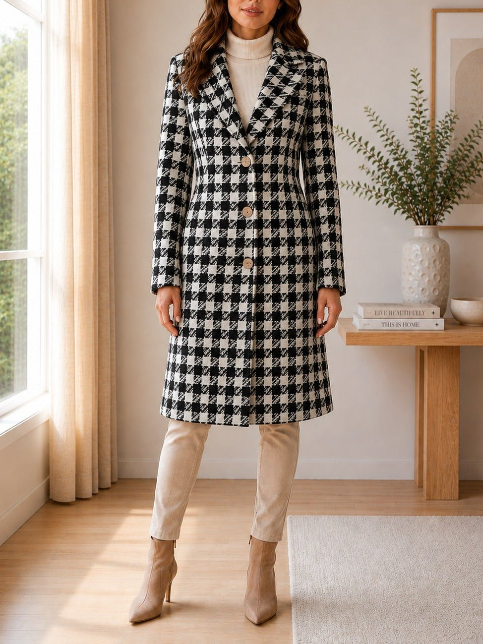 Ladies Houndstooth 3 Button Melton Coat - StylePhase SA