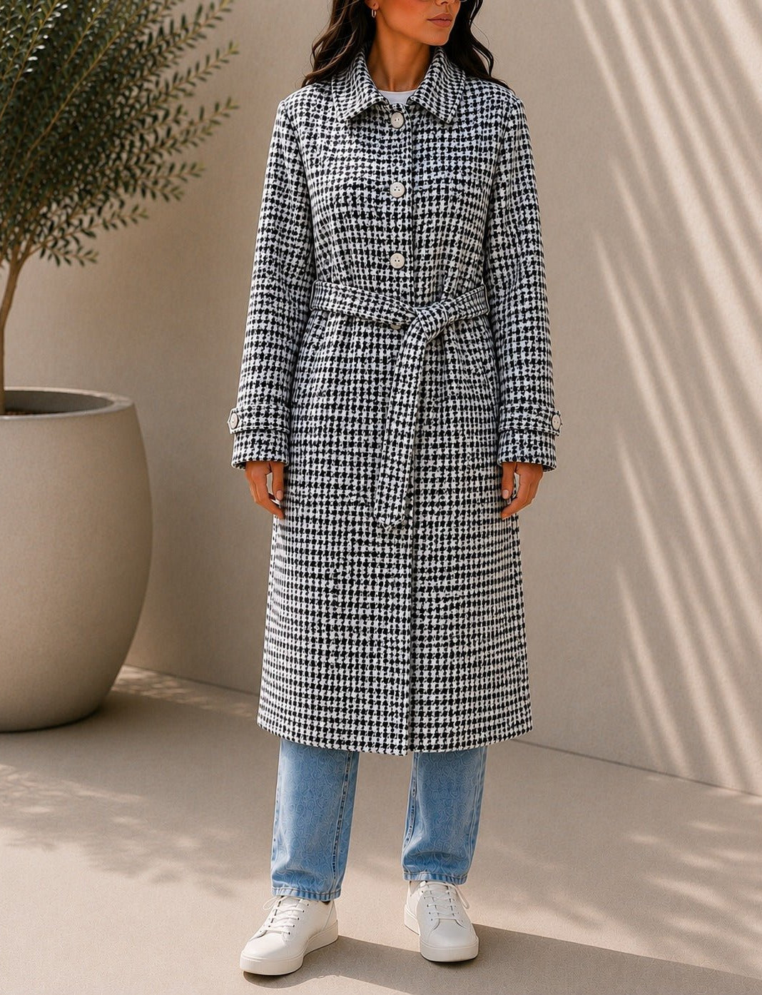 Ladies Houndstooth Pleated Button Detail Melton Coat - StylePhase SA